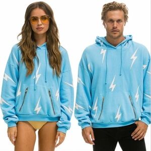 Aviator Nation Bolt Stitch Repeat Relaxed Pullover Hoodie Zip Pockets Sky Medium